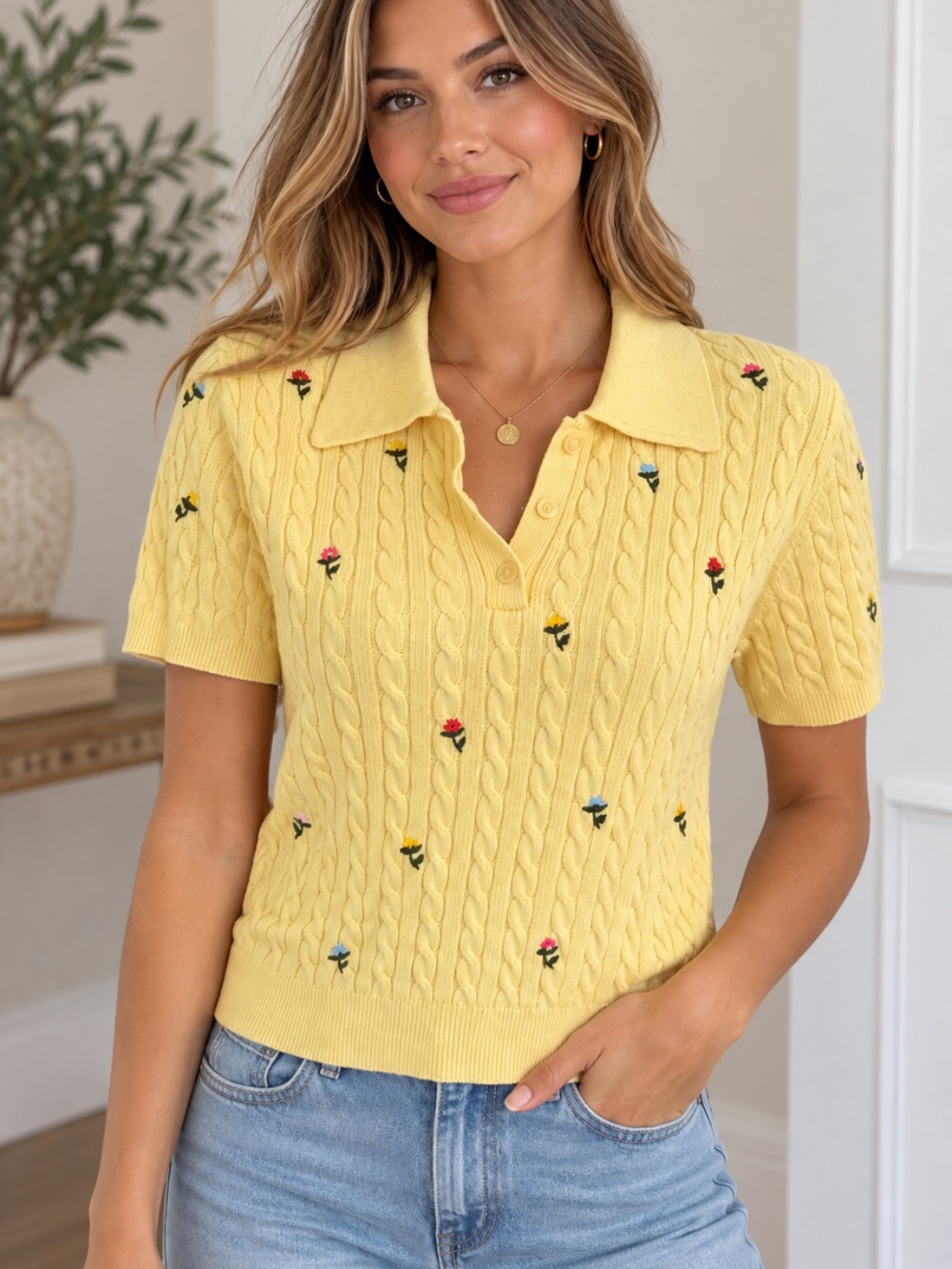 Calligraphie Yellow Cable Knit Floral Embroidered Sweater Polo Cottage Medium💛